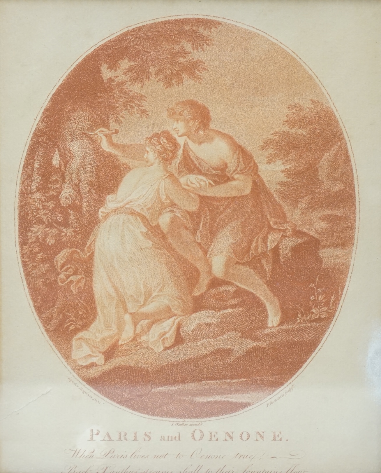 After Francesco Bartolozzi (Italian, 1727-1815), sanguine engraving, 'A century of prints from drawings published with notes by Charles Rogers’ and ‘Paris and Oenone’, largest 41 x 28cm. Condition - poor to fair, brownin